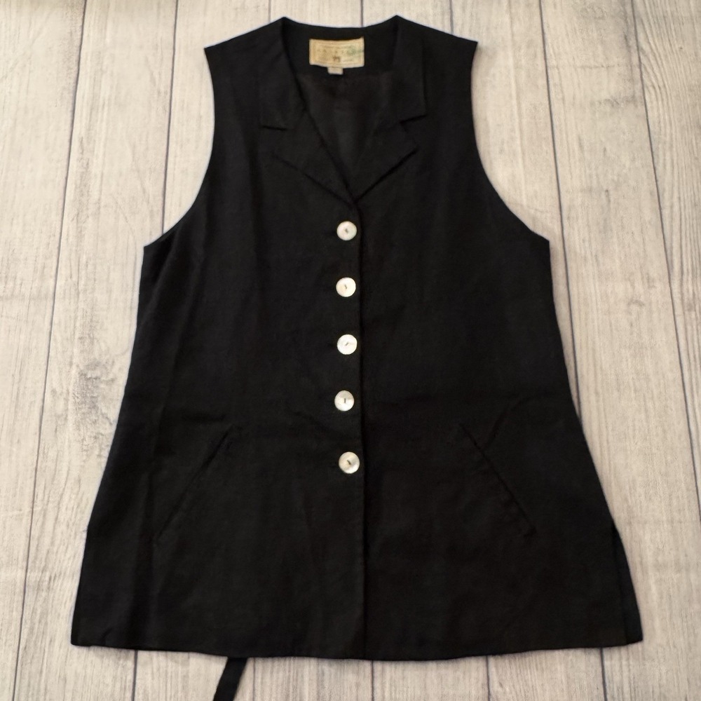 Vintage Express Black Linen Blend Long Vest Button Front Sleeveless Minimalist S